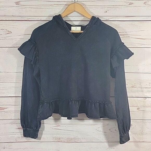 Anthropologie t.la Victorine Cropped Sweatshirt Top Black Size X- Small Ruffled - Picture 3 of 10